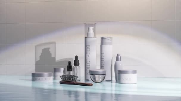 Elegant Animation Skincare Products Clean Reflective Surfaces Calming Hues — Stock Video