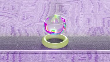 Holografik bir yumurta, yumuşak torus şekilleriyle aksanlı, 3 boyutlu sakin bir animasyonla dokulu bir arazide seyahat eder.