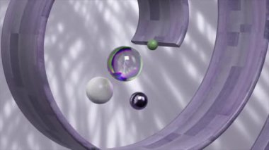 Küreler ahşap bir sarmalın içinden geçiyor, bu dingin, üç boyutlu hareketli döngüde neşeli gölgeler oluşturuyor..