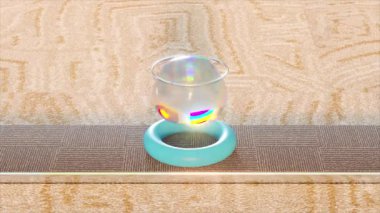 Holografik bir yumurta, yumuşak torus şekilleriyle aksanlı, 3 boyutlu sakin bir animasyonla dokulu bir arazide seyahat eder.