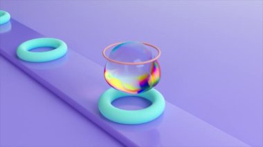 Haleli yanardöner baloncuk pastel bir platformun üzerinde yüzüyor, sükuneti gerçeküstü bir şekilde yayıyor, üç boyutlu bir animasyon döngüsü..