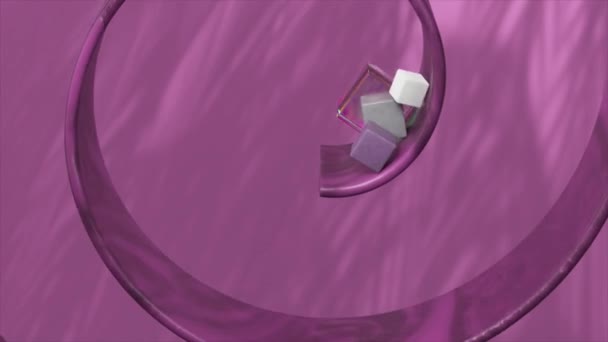 在宁静的水上3D动画中 具有棱镜效果的立方体沿着一个蓝色的金属螺旋滑行 — 图库视频影像