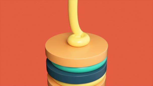 Żywy Zabawny Strumień Żółtych Zwrotów Spiralę Szczycie Kolorowych Ułożonych Pierścieni — Wideo stockowe