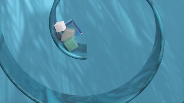 Kubussen Met Prismatische Effecten Glijden Langs Een Metalen Blauwgekleurde Spiraal — Stockvideo