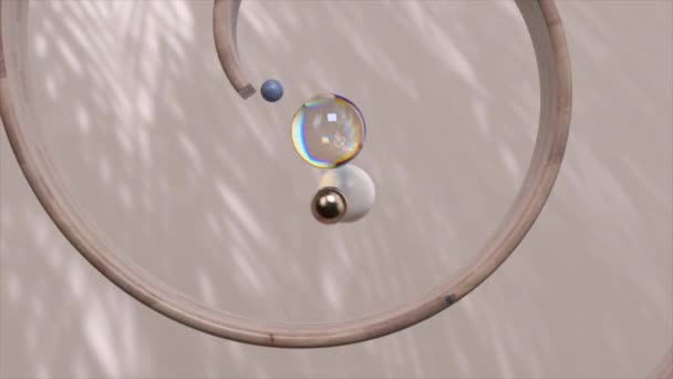Esferas Atraviesan Una Hélice Madera Proyectando Sombras Juguetonas Este Sereno — Vídeos de Stock
