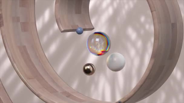 Esferas Atraviesan Una Hélice Madera Proyectando Sombras Juguetonas Este Sereno — Vídeos de Stock