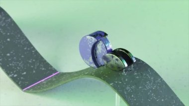 Dalgalı, mor ışıklı bir yüzey üzerinde yuvarlanan lekeli bir bakır kürenin Rustik 3D animasyonu.
