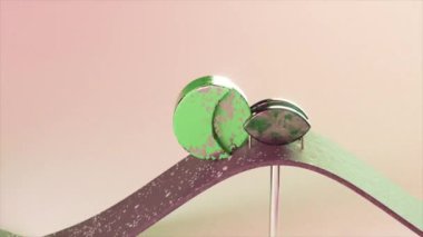 Dalgalı, mor ışıklı bir yüzey üzerinde yuvarlanan lekeli bir bakır kürenin Rustik 3D animasyonu.