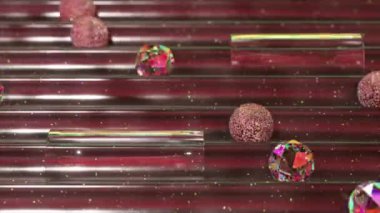 Işıldayan kristallerin ve kürelerin uzay temalı tilt makinesinde seyahat etmesinin 3 boyutlu büyüleyici animasyonu.