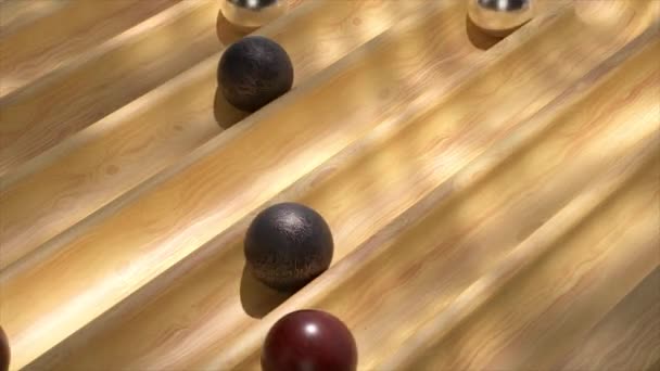Sunlit Animation Marbled Metallic Spheres Racing Wooden Labyrinth — Stock Video