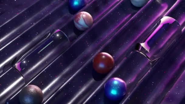 宇宙弹球游戏中的行星和玻璃球的银河3D动画 位于星光斑斑的紫色场 — 图库视频影像