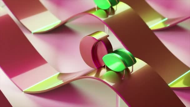 在霓虹灯闪烁的带状路径上反射球体的动态三维动画 — 图库视频影像