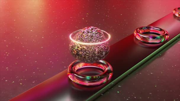 Futuristic Animation Featuring Iridescent Crystals Cup Luminous Neon Striped Platform — Stock Video