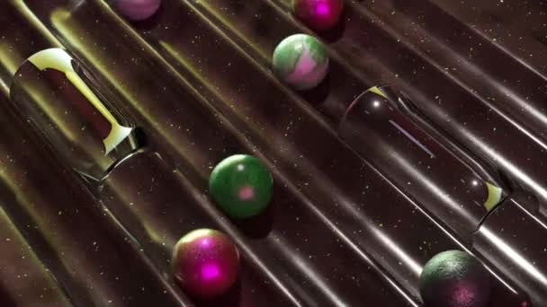 宇宙弹球游戏中的行星和玻璃球的银河3D动画 位于星光斑斑的紫色场 — 图库视频影像
