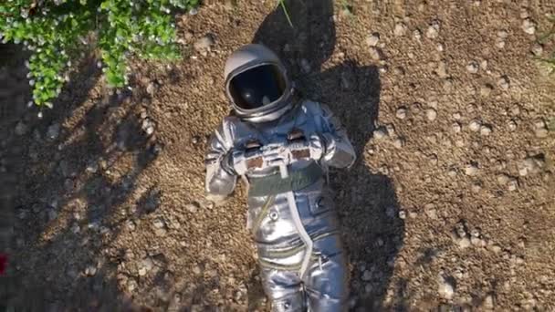 Αστροναύτης Ξαπλωμένος Μέσα Μια Όαση Λουλουδιών Μια Γαλήνια Σκηνή Αντιπαραθέτοντας — Αρχείο Βίντεο