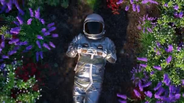 Astronauta Leży Pośród Żywego Gobelinu Kwiatowego Uderzającej Mieszanki Eksploracji Kosmosu — Wideo stockowe