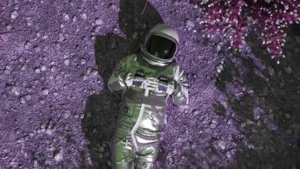 Kosmonaut Stojí Uprostřed Moře Cizích Květin Ohromující Ztvárnění Kosmického Výzkumu — Stock video