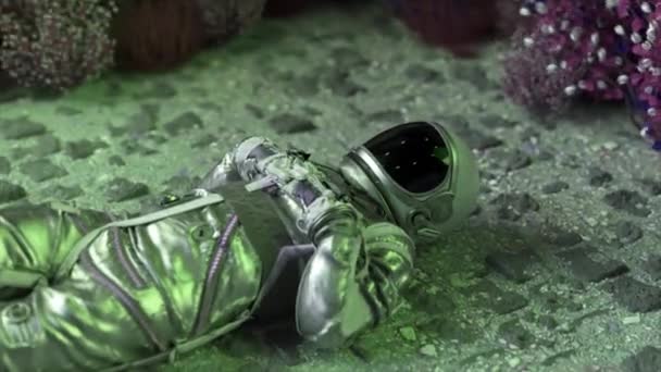 3Dエイリアンの世界で神秘的な青とヴァイオレットの花壇に囲まれた永遠のスラム街の宇宙飛行士 — ストック動画