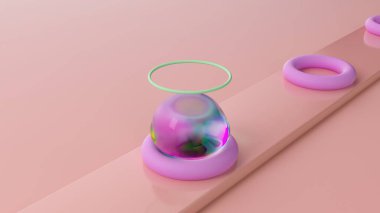 Haleli yanardöner baloncuk pastel bir platformun üzerinde yüzüyor, sükuneti gerçeküstü bir şekilde yayıyor, üç boyutlu bir animasyon döngüsü..