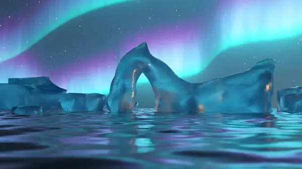 Majestic 3D animation of icy peaks with aurora backdrop, serene and mystical.