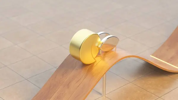 Golden 3D animation of reflective discs gliding along a curved wooden surface in a tiled room.