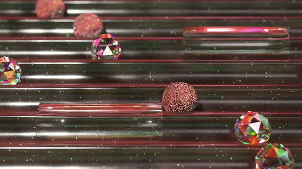 Enchanting 3D animation of glittering crystals and spheres journeying through a space-themed pinball machine.