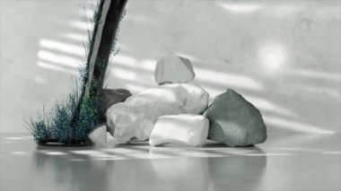 Gölgeli bir koruluğun mistik 3 boyutlu animasyonu. Üzerinde biyoluminesens mavi flora ve kayaların üzerine düşen ruhani ışık var..