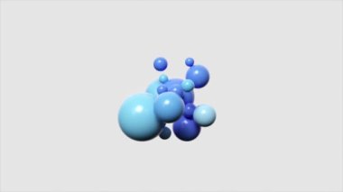 Kümelenmiş mavi kürelerin boyutları değişen, serin, pürüzsüz ve parlak bir dokuya sahip, 3D ışıltılı animasyonu.