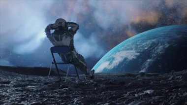 Ay yüzeyindeki bir sandalyede dinlenen ve yıldızlarla dolu bir gökyüzünde Dünya 'ya bakan bir astronotun nefes kesici 3 boyutlu animasyonu..