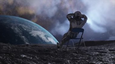 Dinlenme halindeki bir astronotun 3 boyutlu animasyonu, arka planda büyük bir dünya beliriyor, yukarıda bir kozmik yıldız balesi parıldıyor..