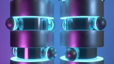 Neon aksanlı metalik yapılar, minyatür gezegenleri taklit eden beşik küreler içeren gelecekteki 3D animasyonlar.