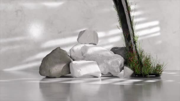 바위에 쏟아지는 잔디와 기름과 유사한 액체의 애니메이션 자연과 오염의 — 비디오