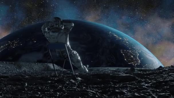 Stunning Animation Astronaut Lounging Moon Earths Horizon Backdrop Starlit Sky — Stock Video