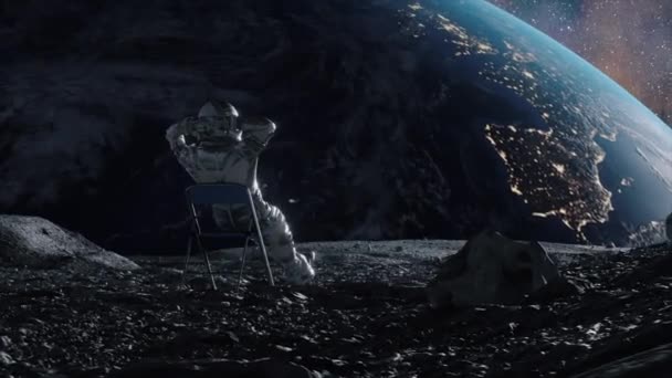 Prachtige Animatie Van Een Astronaut Loungen Maan Aardes Horizon Achtergrond — Stockvideo