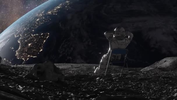宇航员休息时的3D动画 背景中的地球是巨大的 天上闪烁着星星的宇宙芭蕾 — 图库视频影像