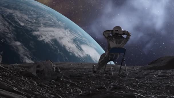 Анімація Зображує Астронавта Легко Руки Позаду Голови Земля Велично Піднімається — стокове відео