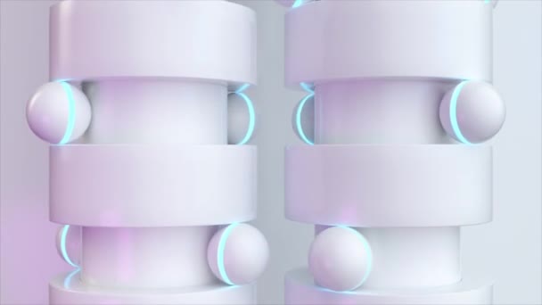 白い円柱構造のスリーク3Dアニメーション 輝く青いアクセント 柔らかく包囲されたライトの完全な白い球を粉砕します — ストック動画