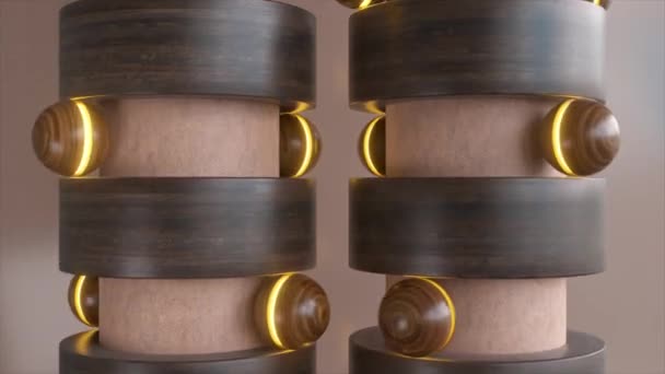 Animacja Rustykalnych Drewnianych Cylindrów Podświetlonych Świecącymi Złotymi Pierścieniami Łącząca Sobie — Wideo stockowe