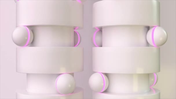 柔らかいピンクの輝くリングでアクセントされたマットの白い円柱構造の3Dアニメーションは ミニマリストの設計で白いオーブを保持します — ストック動画