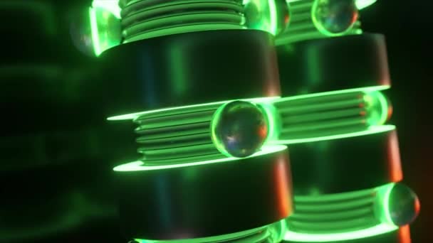 Cilindros Futuristas Esferas Iluminados Por Néon Com Ambiente Ficção Científica — Vídeo de Stock
