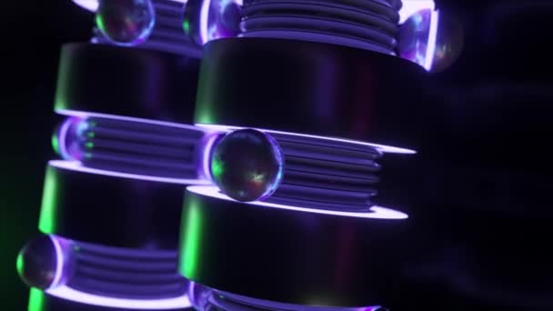 Animação Mística Cilindros Metálicos Orbes Iluminados Por Luz Ultravioleta — Vídeo de Stock