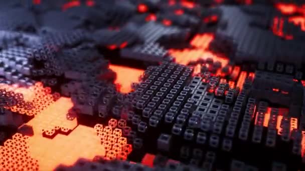 技术网格块之间闪烁着熔岩状图案的数字景观的3D动画 — 图库视频影像