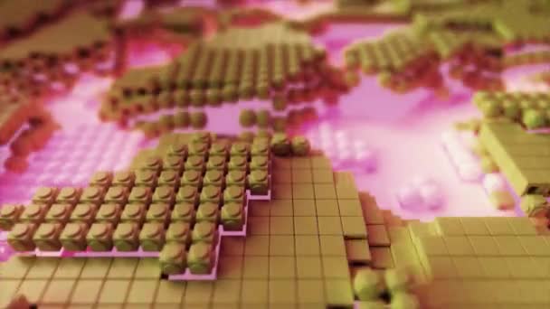 グリッドを横断するピンクとゴールデンライトストリームで活気のあるデジタル風景の3Dアニメーション — ストック動画