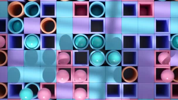 Spheres Nestled Grid Blue Pink Squares Create Serene Scene — Stock Video