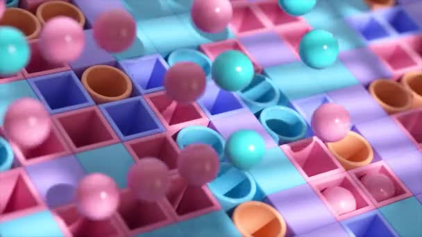 Esferas Vibrantes Saltam Uma Tábua Quadriculada Xícaras Rosa Azul Movimento — Vídeo de Stock