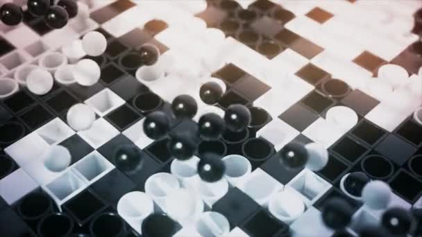 Monokromatiska Klot Flyter Ovanför Ett Schackbräde Vilket Skapar Ett Spel — Stockvideo