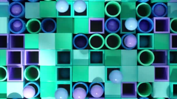 Холоднотонированные Сферы Балансируют Мозаике Голубых Фиолетовых Кубиков Этой Спокойной Композиции — стоковое видео