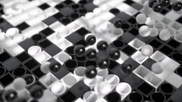 Монохроматические Сферы Висят Над Шахматной Доской Исследование Контрастов Глубины — стоковое видео