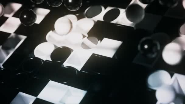 Монохроматичні Кулі Плавають Над Шахівницею Створюючи Гру Тіні Світла — стокове відео