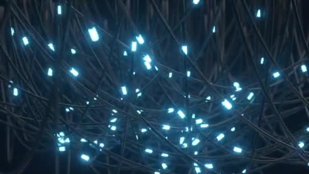 Trassliga Ledningar Med Glödande Blått Ljus Skapar Ett Komplext Nätverk — Stockvideo